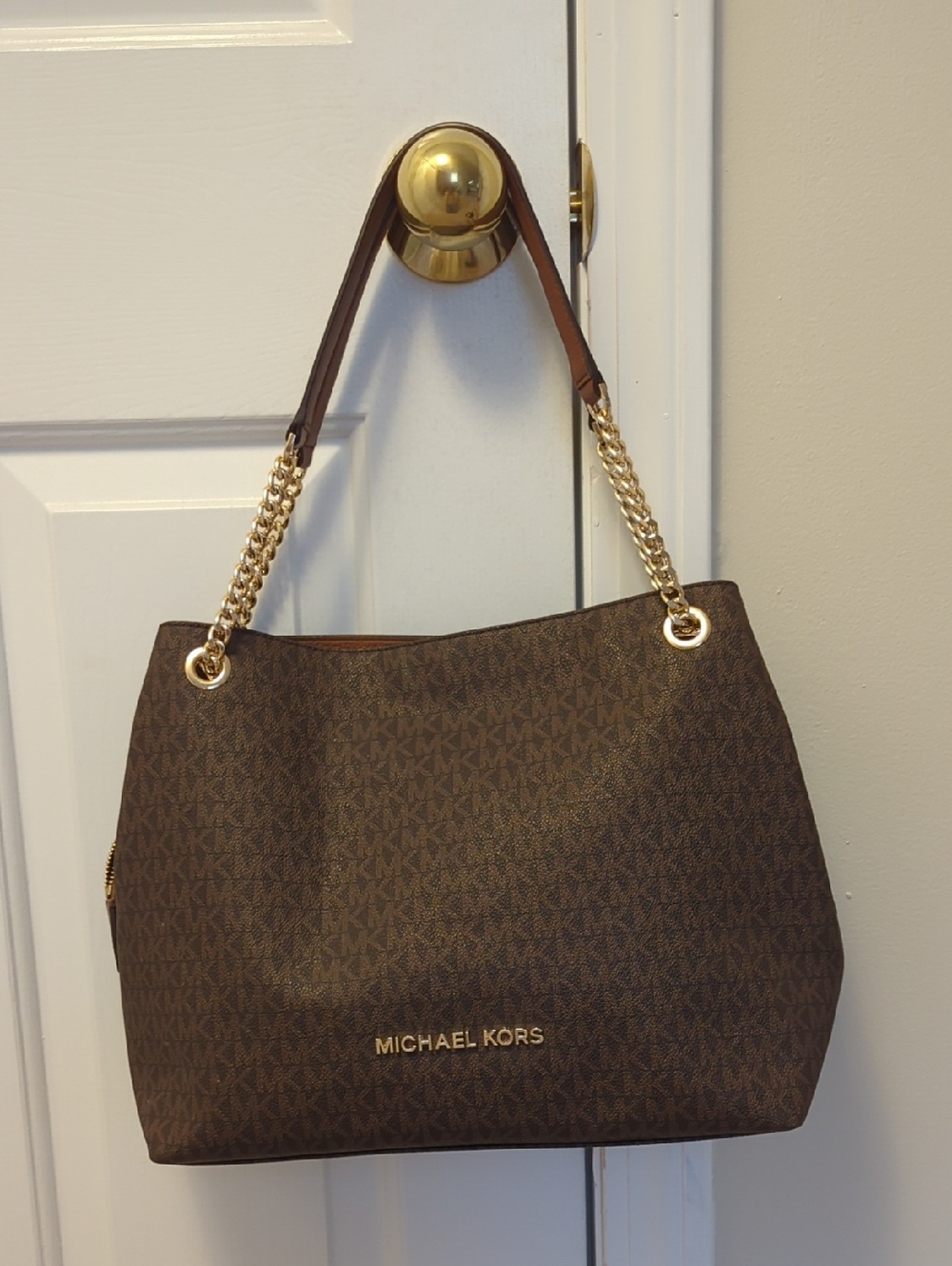 Michael Kors Brown Logo Tote with Gold Chain Handles